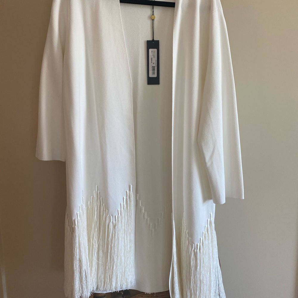 White tassel knit overcoat (Size large).